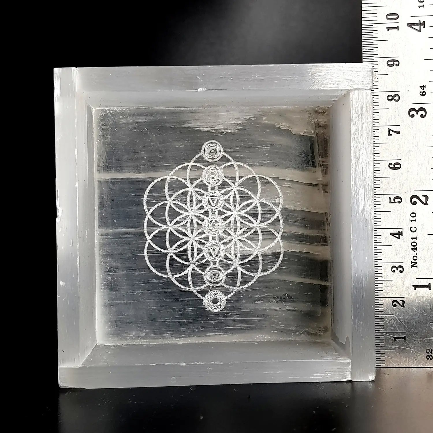 Selenite Flower of Life with 7 Chakra Square Charging Bowl - Image 3
