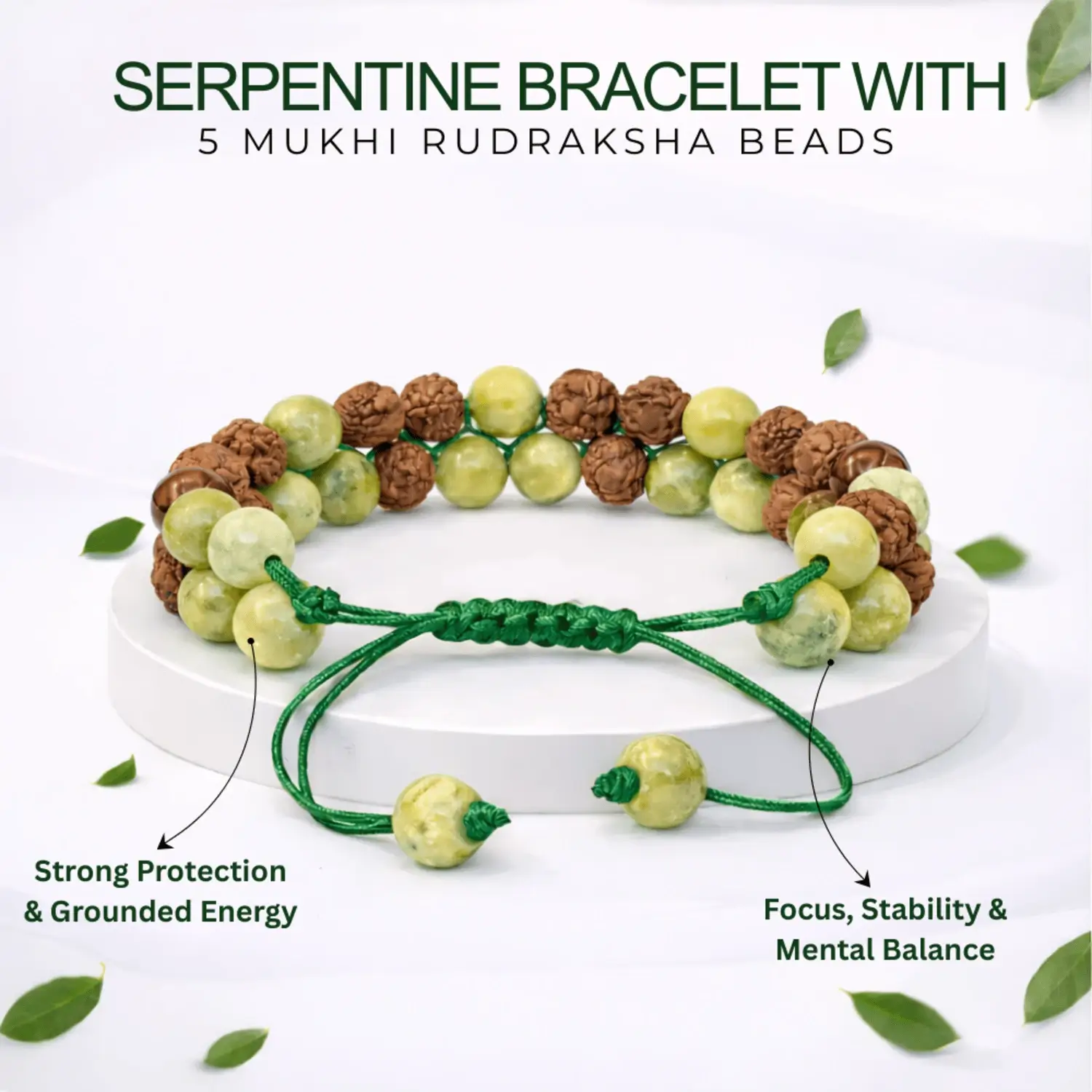 Serpentine Bracelet With 5 Mukhi Rudraksha Beads - Image 2