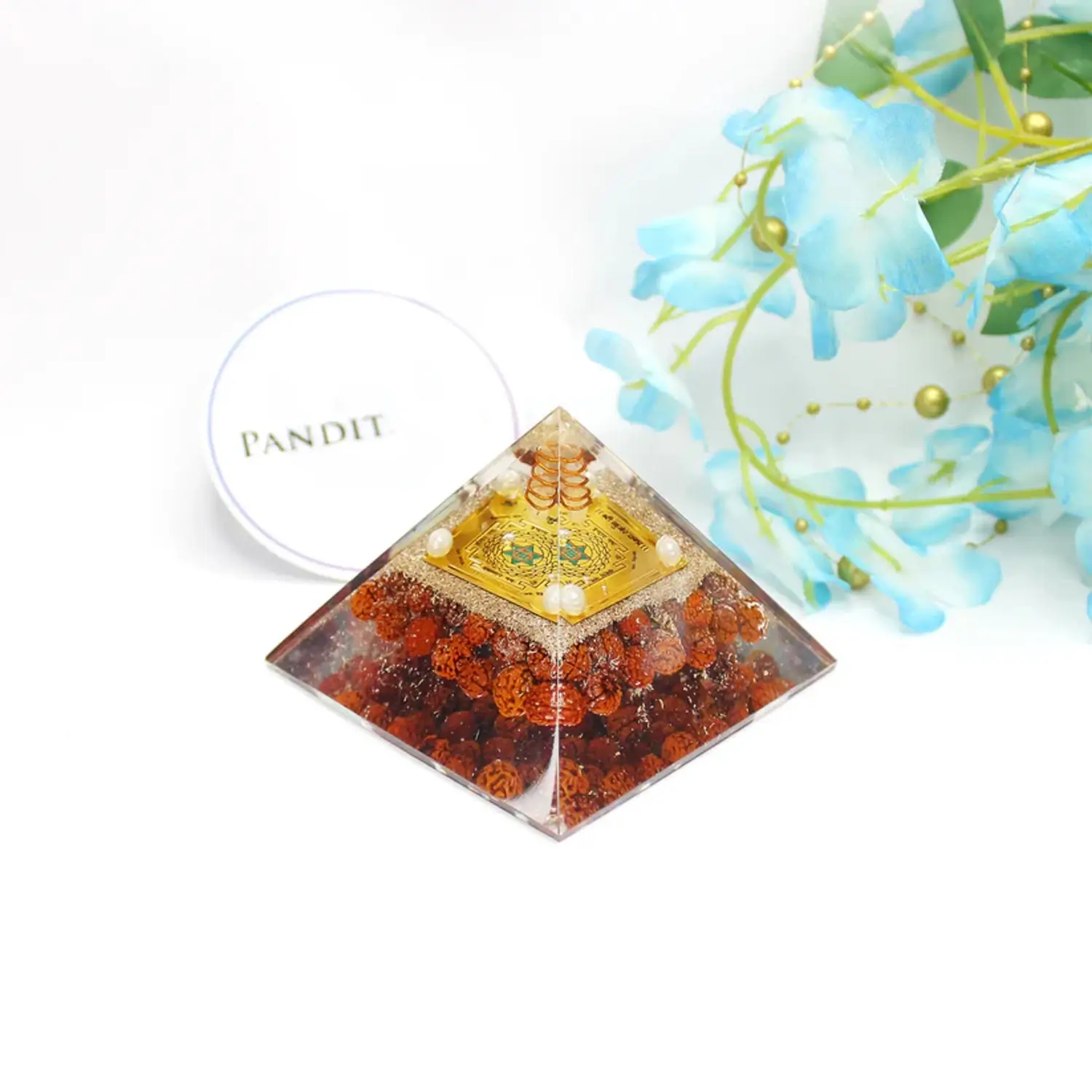Shri Kuber Pyramid Yantra with 5 Mukhi Rudraksha Beads