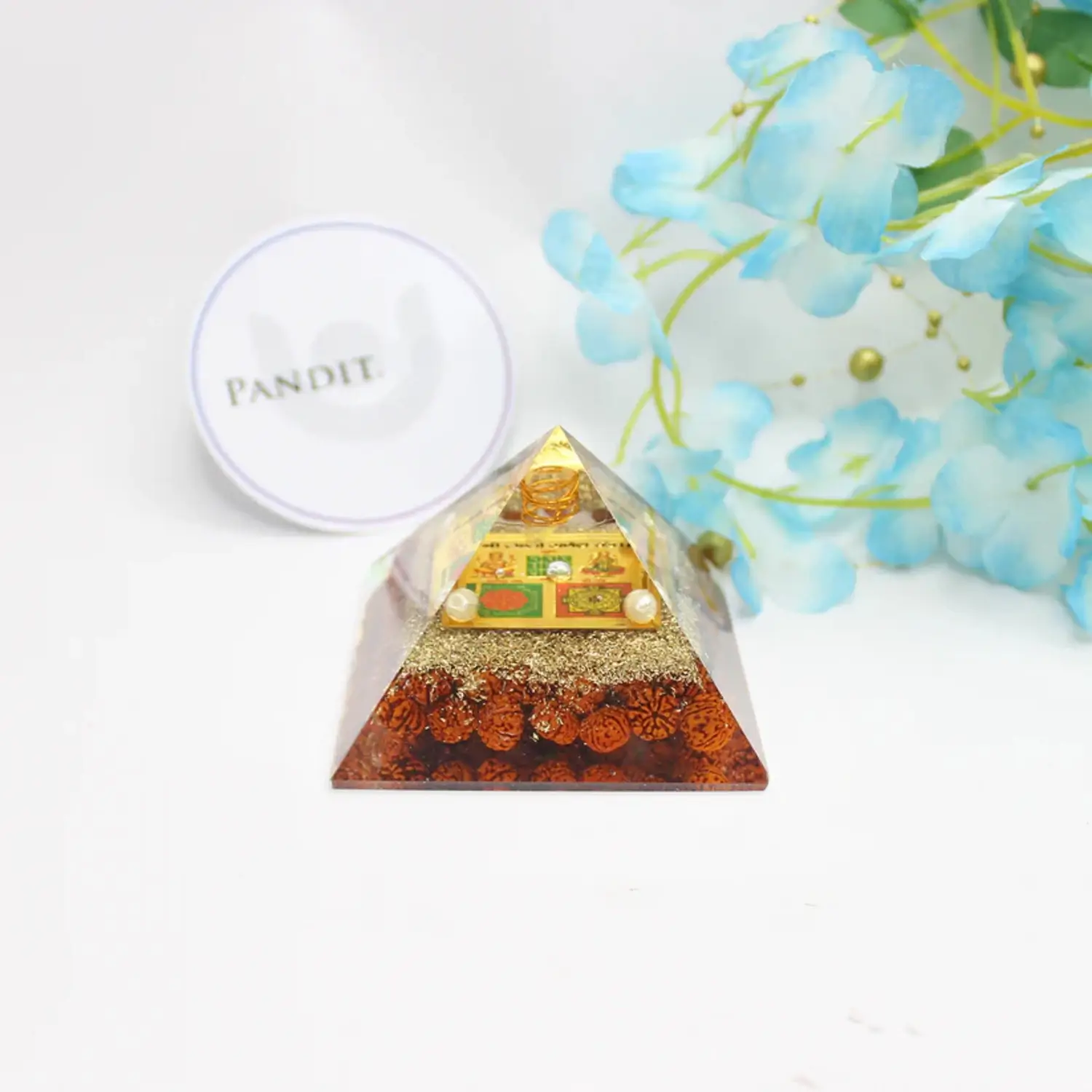 Shri Lakshmi Ganesh Pyramid Yantra with 5 Mukhi Rudraksha Beads