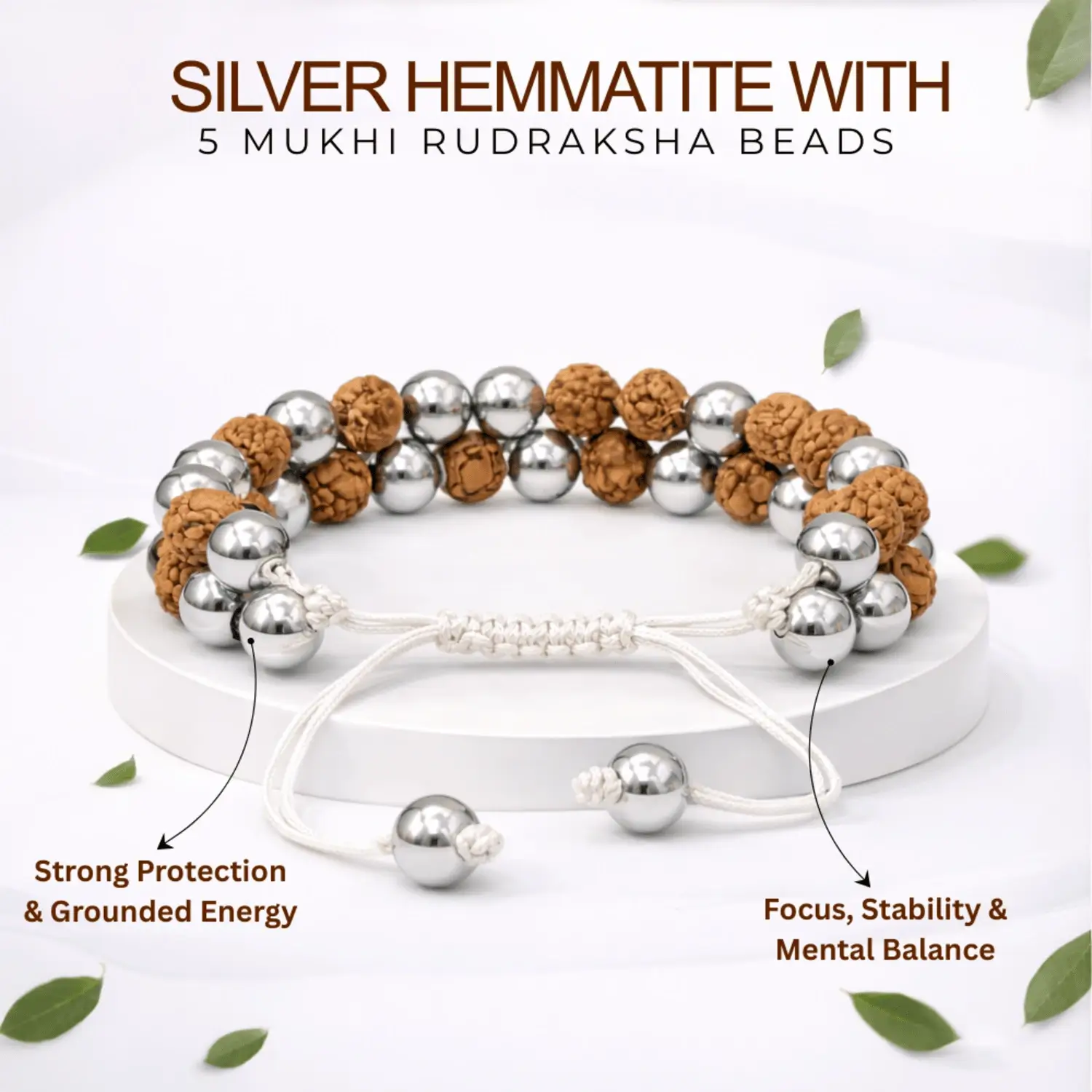 Silver Hematite Bracelet With 5 Mukhi Rudraksha Beads - Image 2