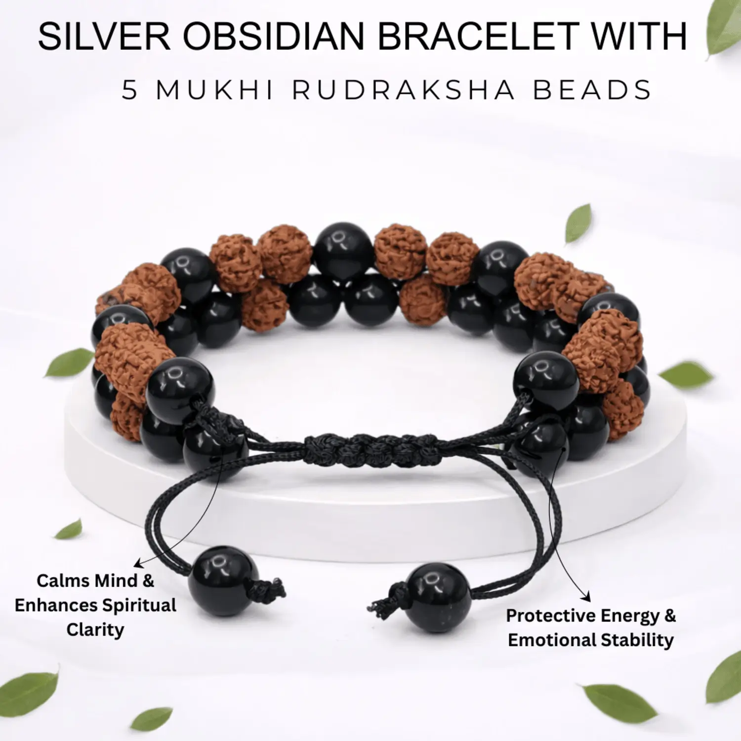 Silver Obsidian Bracelet With 5 Mukhi Rudraksha Beads - Image 2