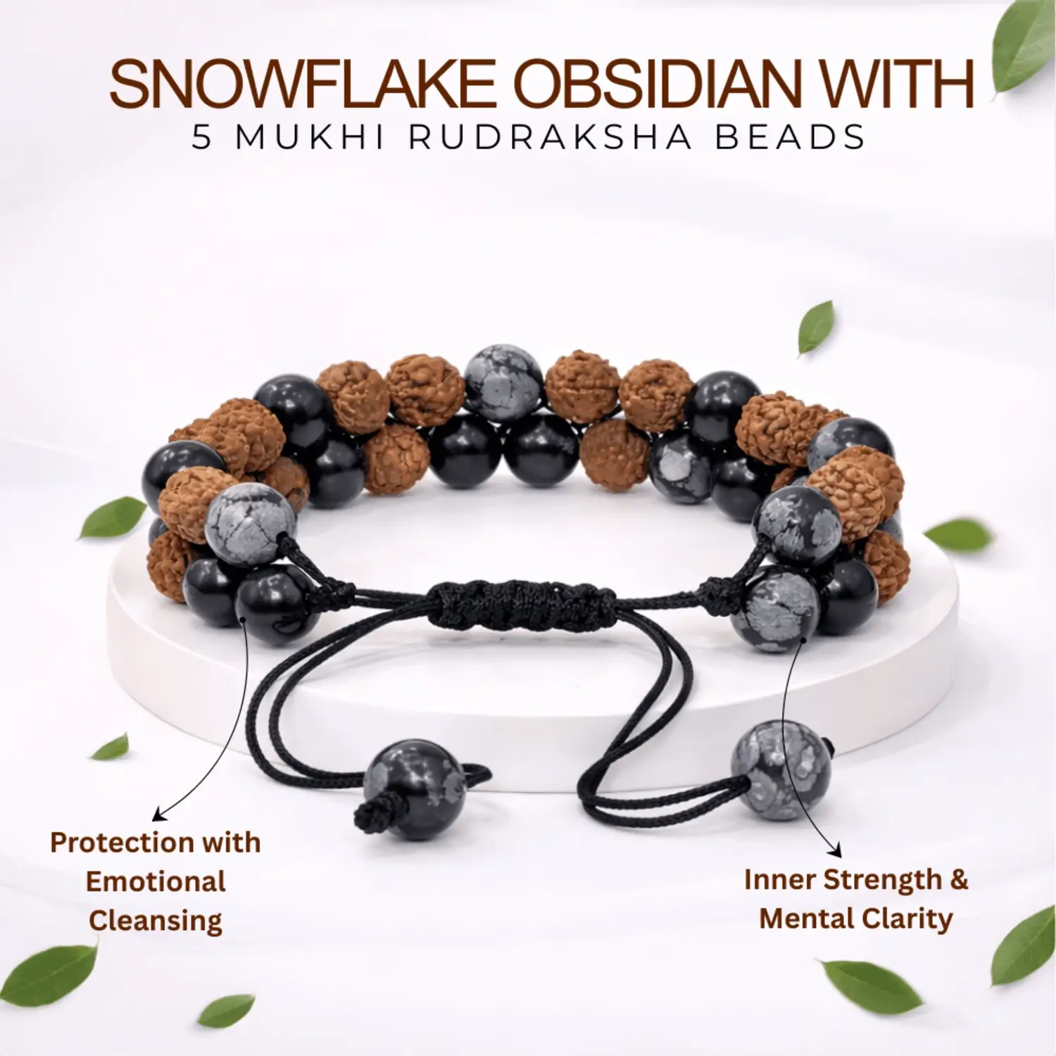 Snowflake Obsidian Bracelet With 5 Mukhi Rudraksha Beads - Image 2