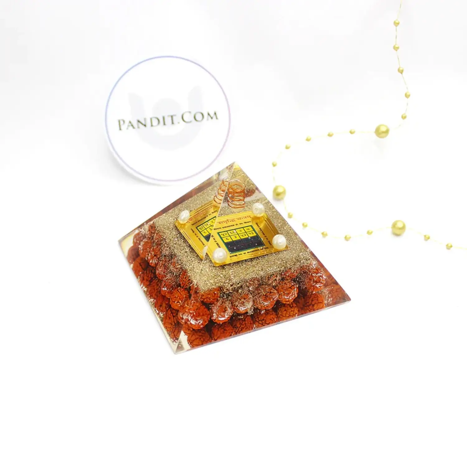 Sukh Samriddhi Pyramid Yantra with 5 Mukhi Rudraksha Beads - Image 2