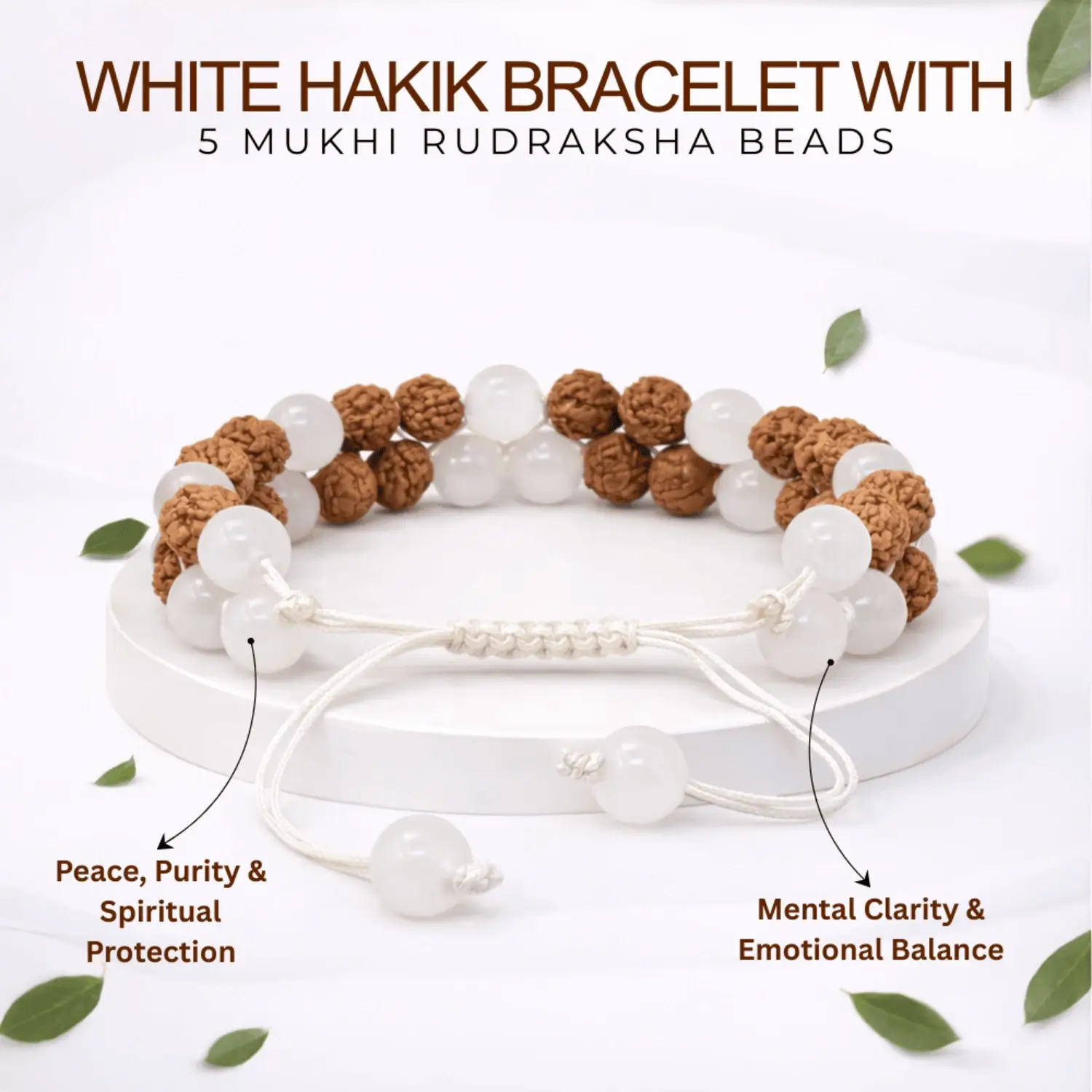 White Hakik Bracelet With 5 Mukhi Rudraksha Beads - Image 2