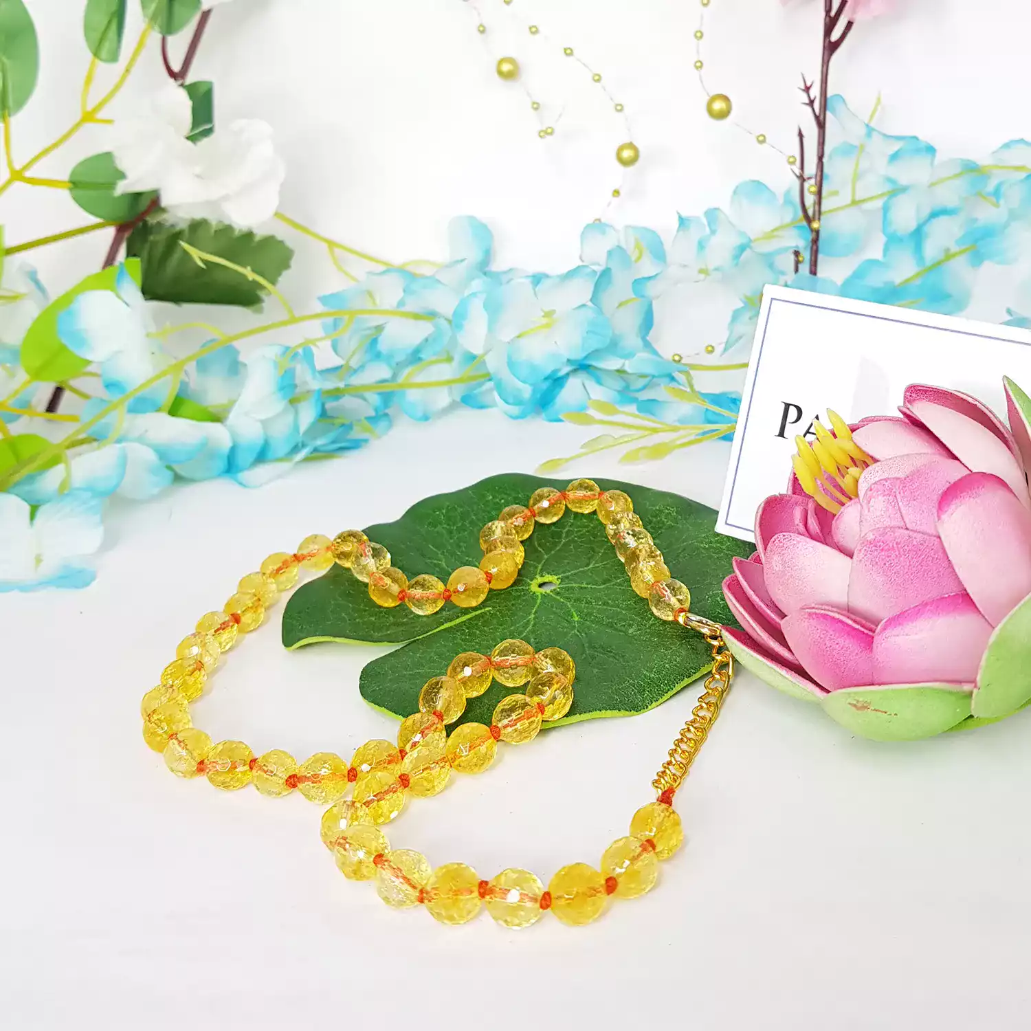 Yellow Citrine Diamond Cut Mala Necklace - Best for Students - Image 4